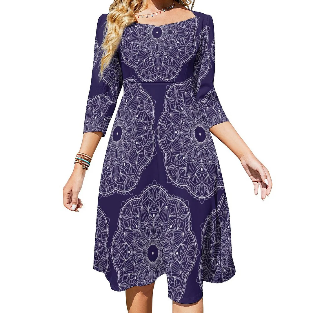 Mandala Simple Floral Dark Purple White Hand Drawn Dress Sweetheart Tie Back Flared 3/4 Sleeve Midi Dresses