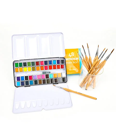 48 Colors Premium Watercolor Paint Set With 11 Pcs Natural Wood Handle Miniature Detail Paint Brushes-Himinee.com