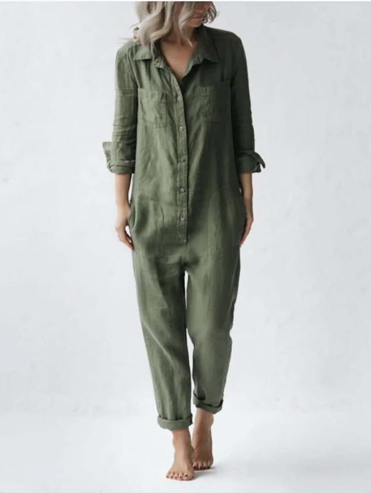 Casual lapel pocket long sleeve solid color cotton jumpsuit Green