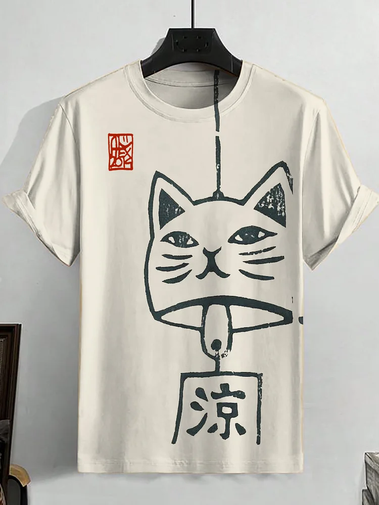 Men's Japanese Cat Wind Chimes Art Drawing Print T-Shirt