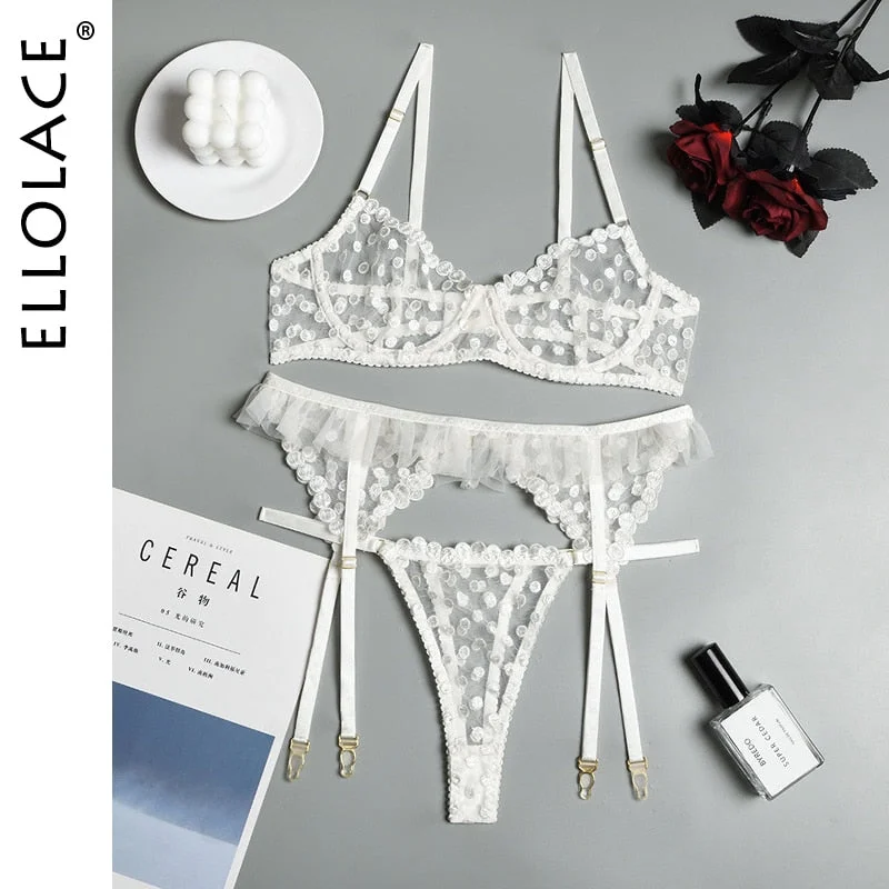 Ellolace Polka Dot Sensual Lingerie Woman Hot Ruffled 3-Pieces Translucent Underwear Push Up Exotic Sets Embroidery Intimate