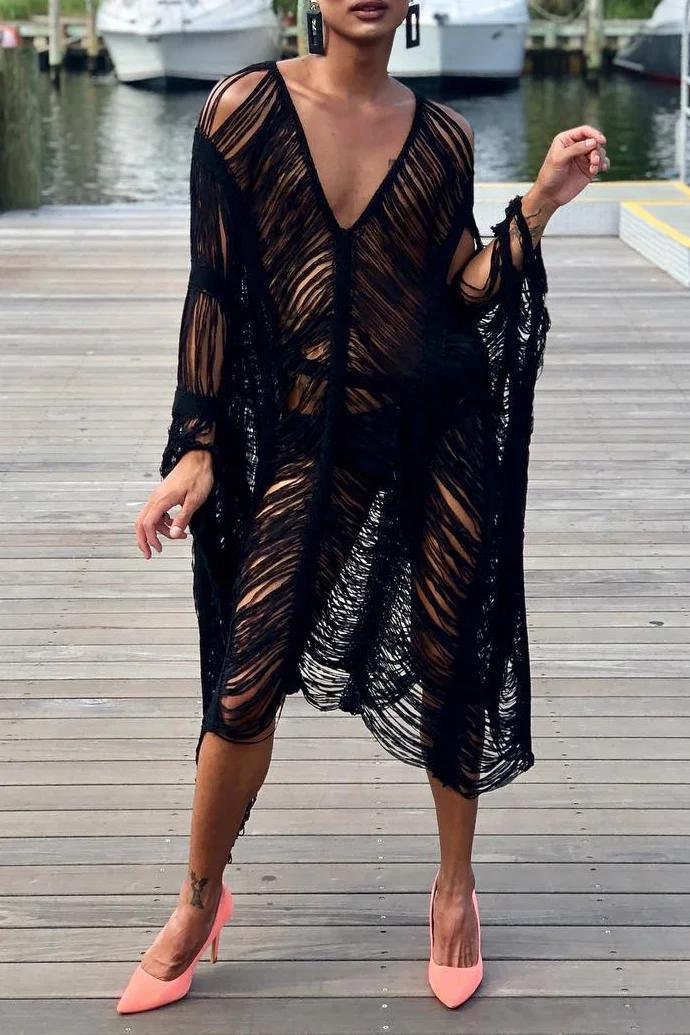 See Through Hollow Out Beach Blouse V-Neck Loose Dress