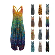 Ejimei Fashion Cotton Overalls Jumpsuits Women Summer Printed Sleeveless Jumpsuit for Women Loose Wide Leg Pants Overalls for Women