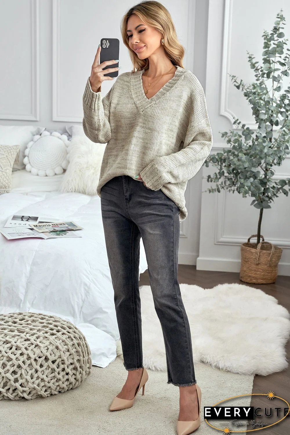Khaki V neck Drop Shoulder Knitted Sweater