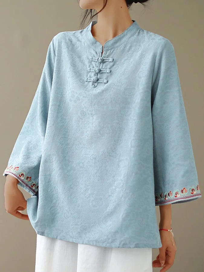 Chinese Style Pankou Jacquard Embroidery Nine Quarter Sleeve Shirt