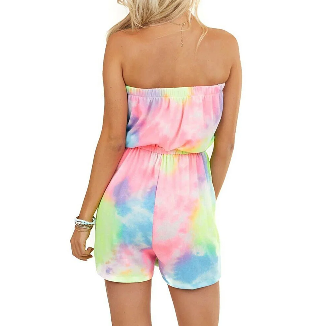 Women's Tie Dye Sleeveless Adjustable Strap Stretchy Short Romper Jumpsuits With Pockets