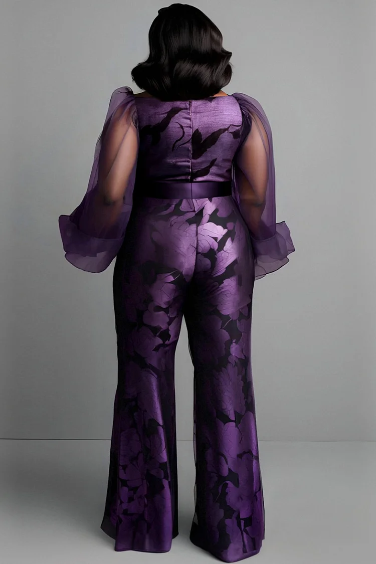Xpluswear Design Plus Size Formal Purple Floral Boat Neck Lantern Sleeve Long Sleeve See Through Elegant Satin Tulle Jumpsuits [Pre-Order]