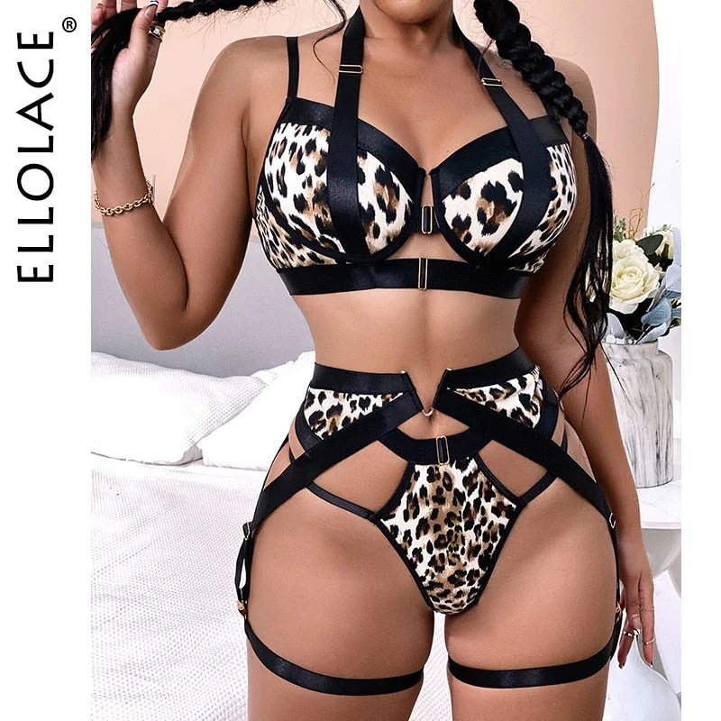 Ellolace Sexy Leopard Lingerie 3-Piece Halter Bra Exotic Sets Patchwork Luxury Intimate Briefs Lace Garters Push Up Underwear