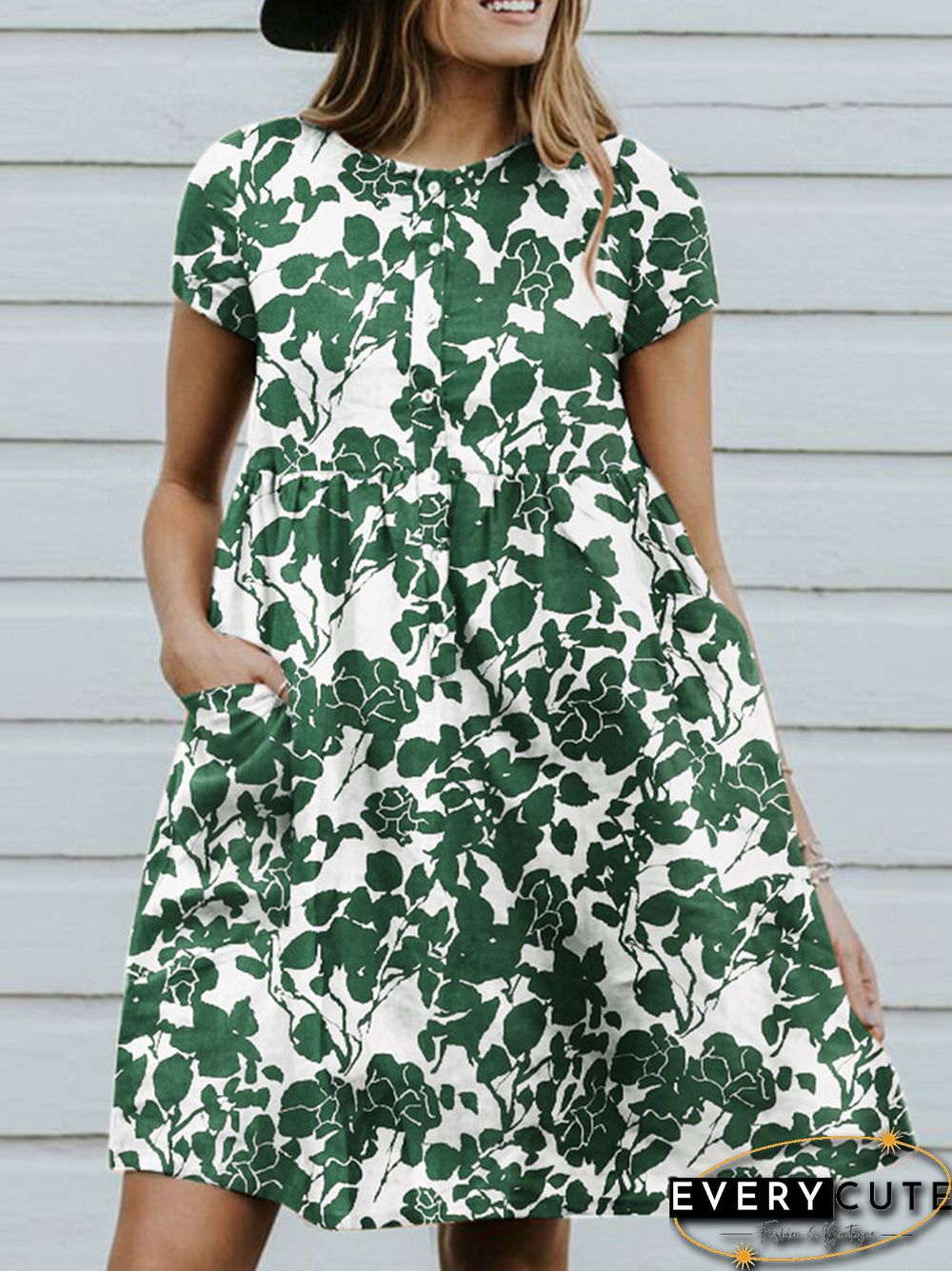 Random Allover Leaves Print Pocket Short Sleeve Button Dress