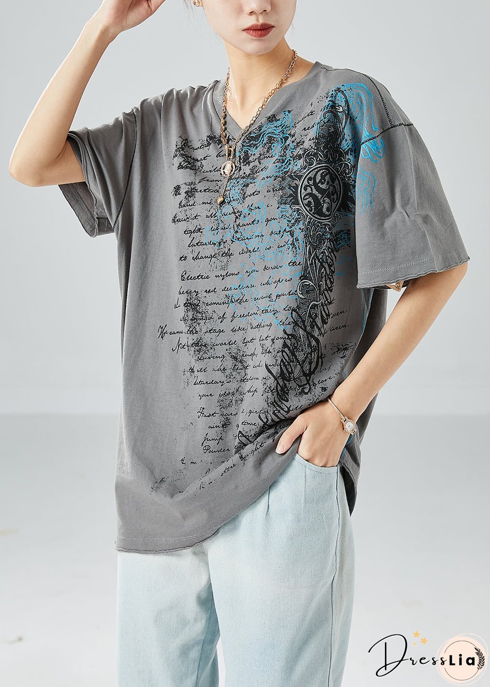 Plus Size Grey V Neck Print Cotton Tanks Summer