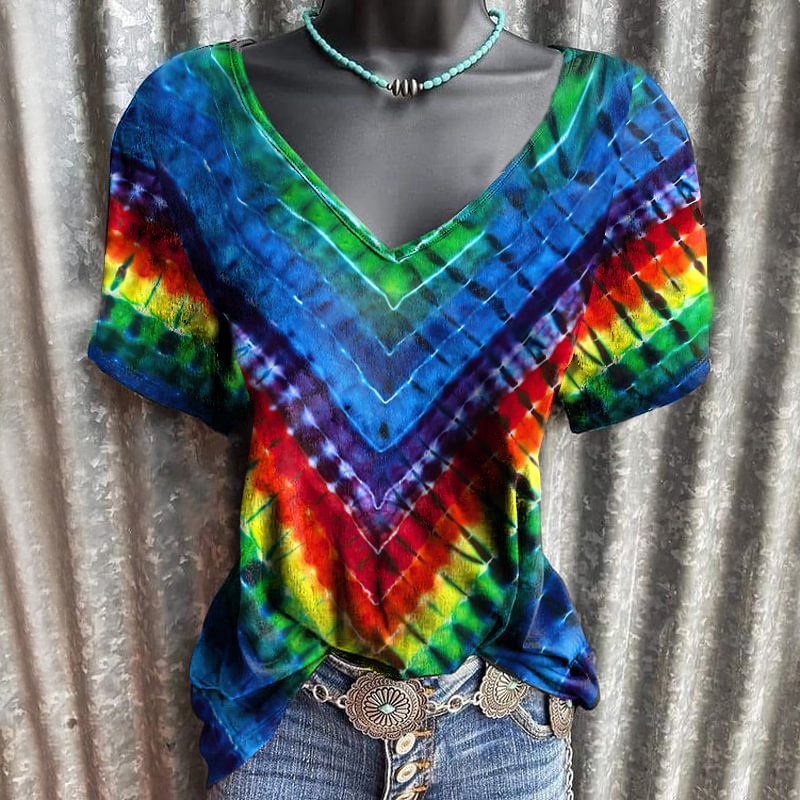 Rainbow color v-neck slim fit women top
