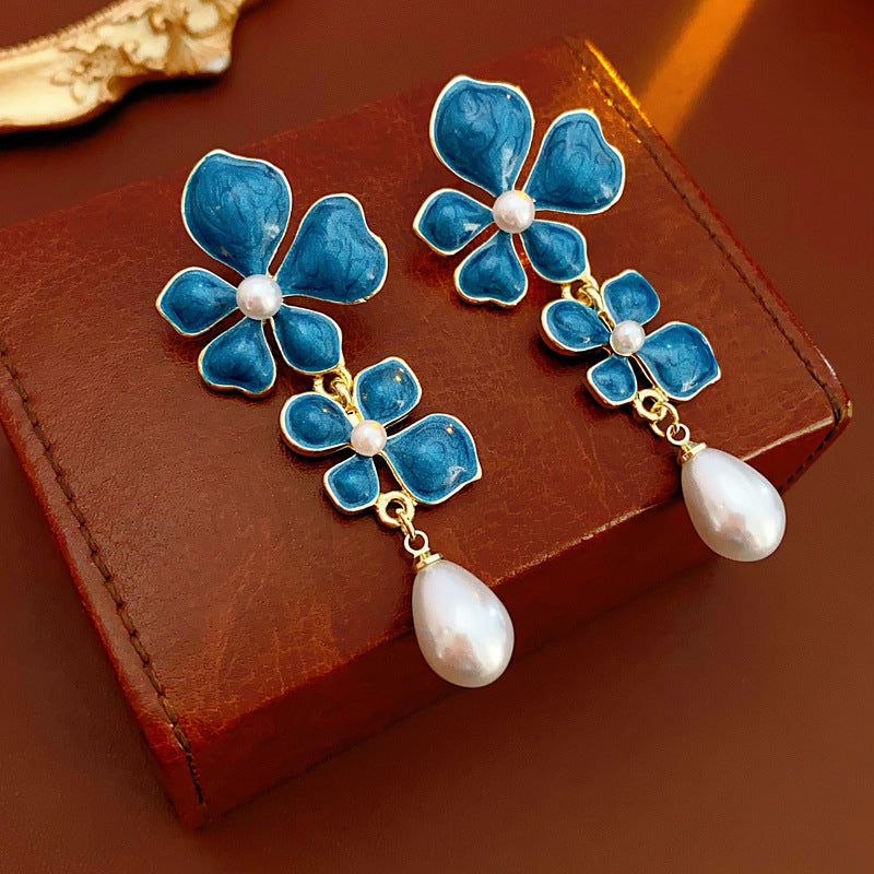 Medieval Flower Geometric Flower Artificial Pearl Oil Dripping Earrings