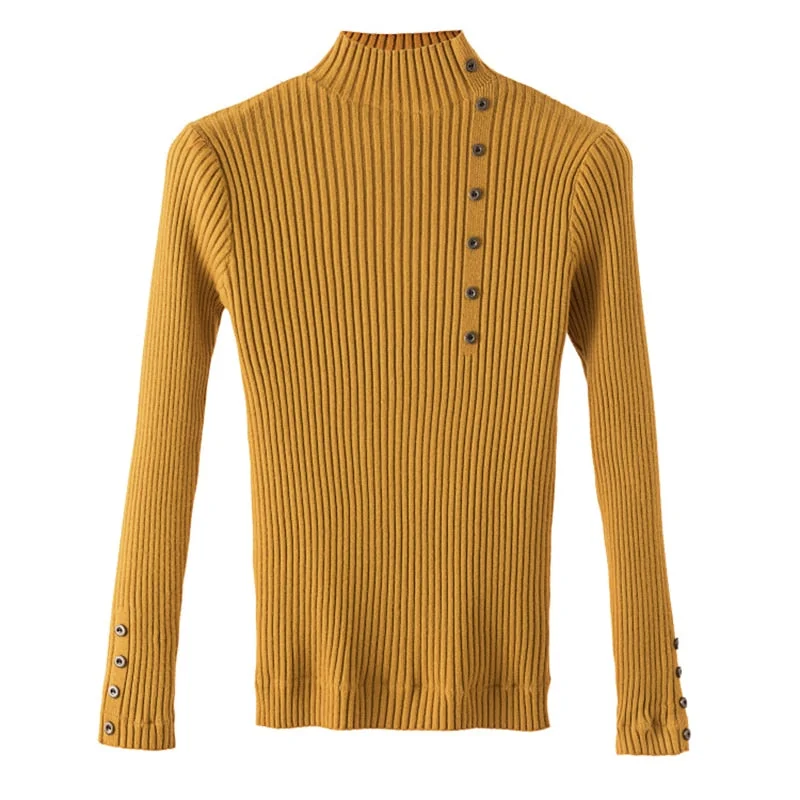 Women Office Lady Front Buttons Fleece Knitted Sweater Long Sleeve Mock Neck Solid Slim Pullover 2021 Winter New Fashion Tops