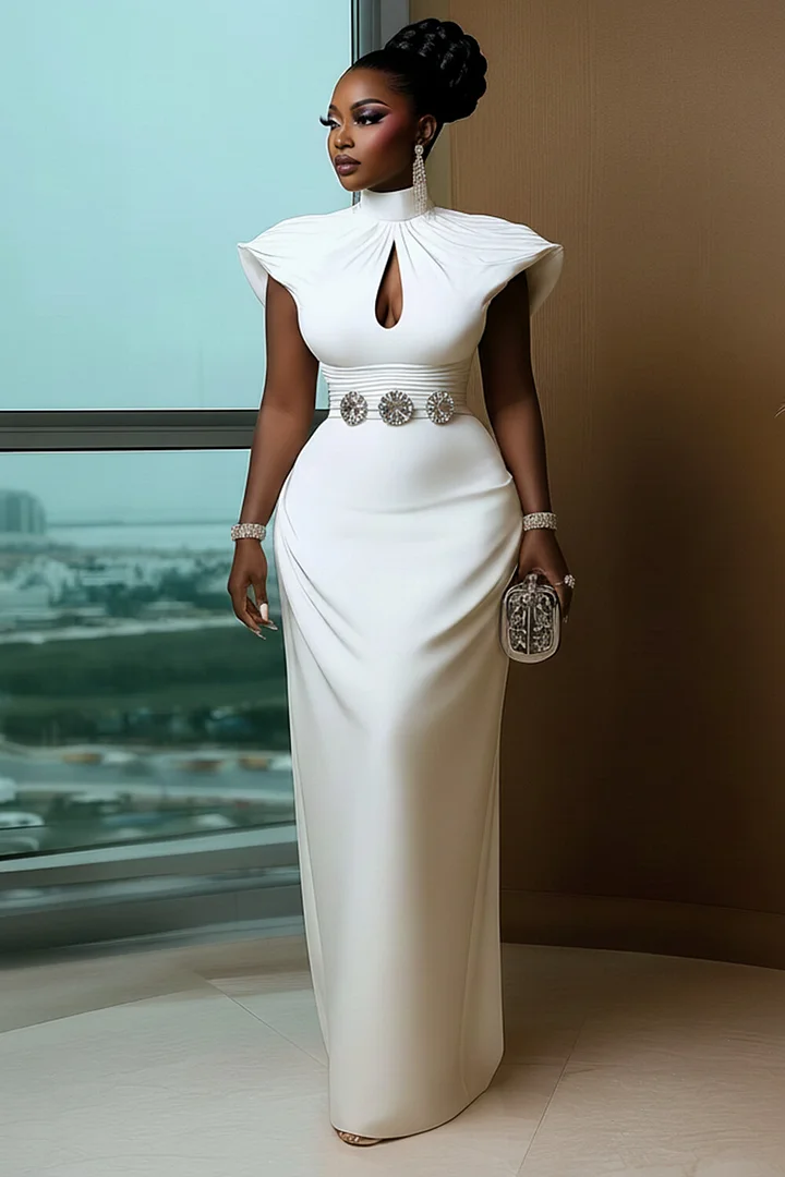 Cowl High Neck Ruched Wedding Guest Party Maxi Dresses-White Cowl High Neck Ruched Wedding Guest Party Maxi Dresses-White