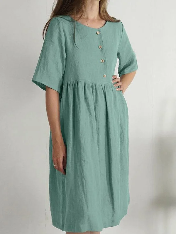 Loose Round Neck Short Sleeve Pocket Solid Color Linen Dress