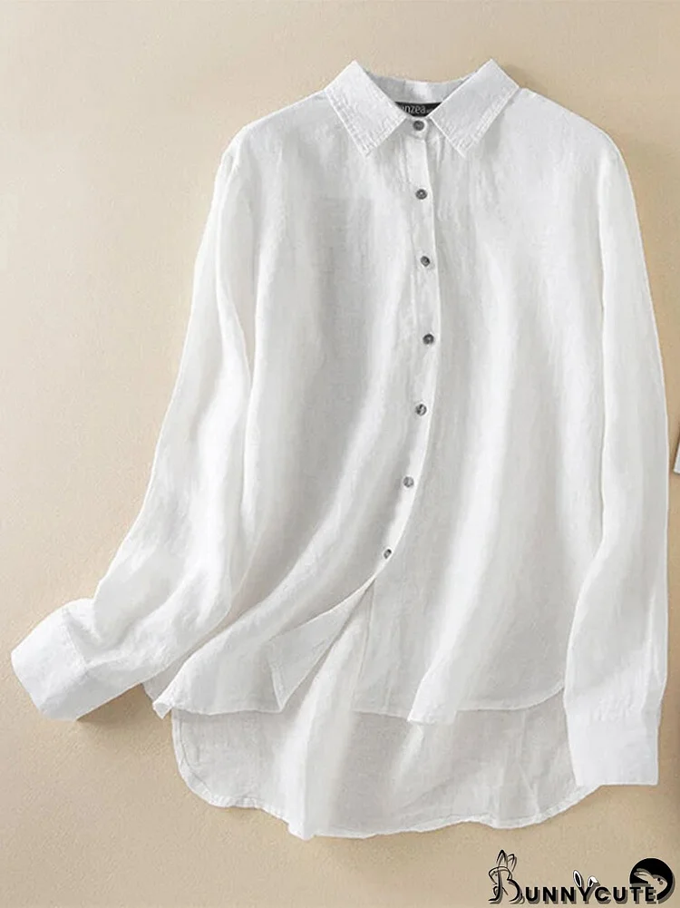 Solid Long Sleeve Button Front High-low Hem Lapel Shirt