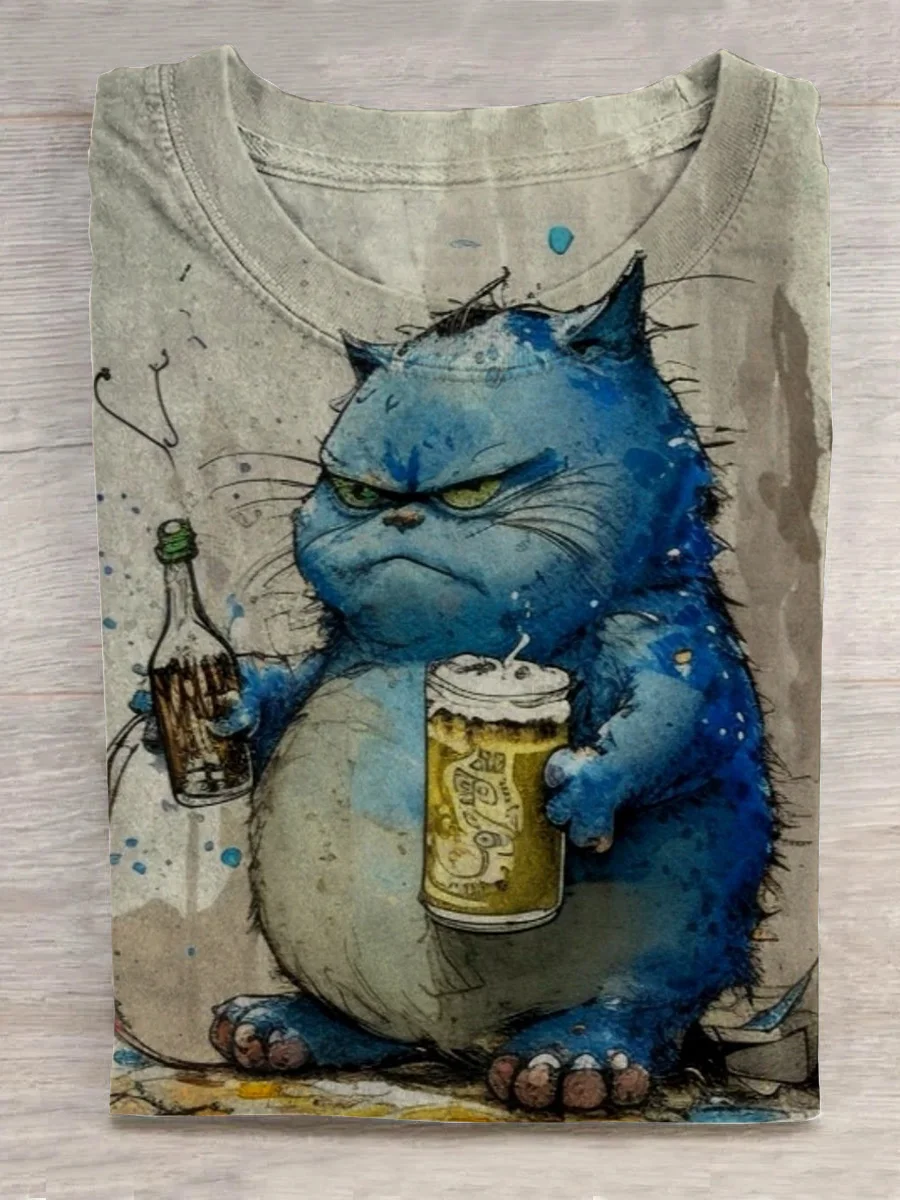 Alcoholic Fat Blue Cat T-shirt Eagerlys