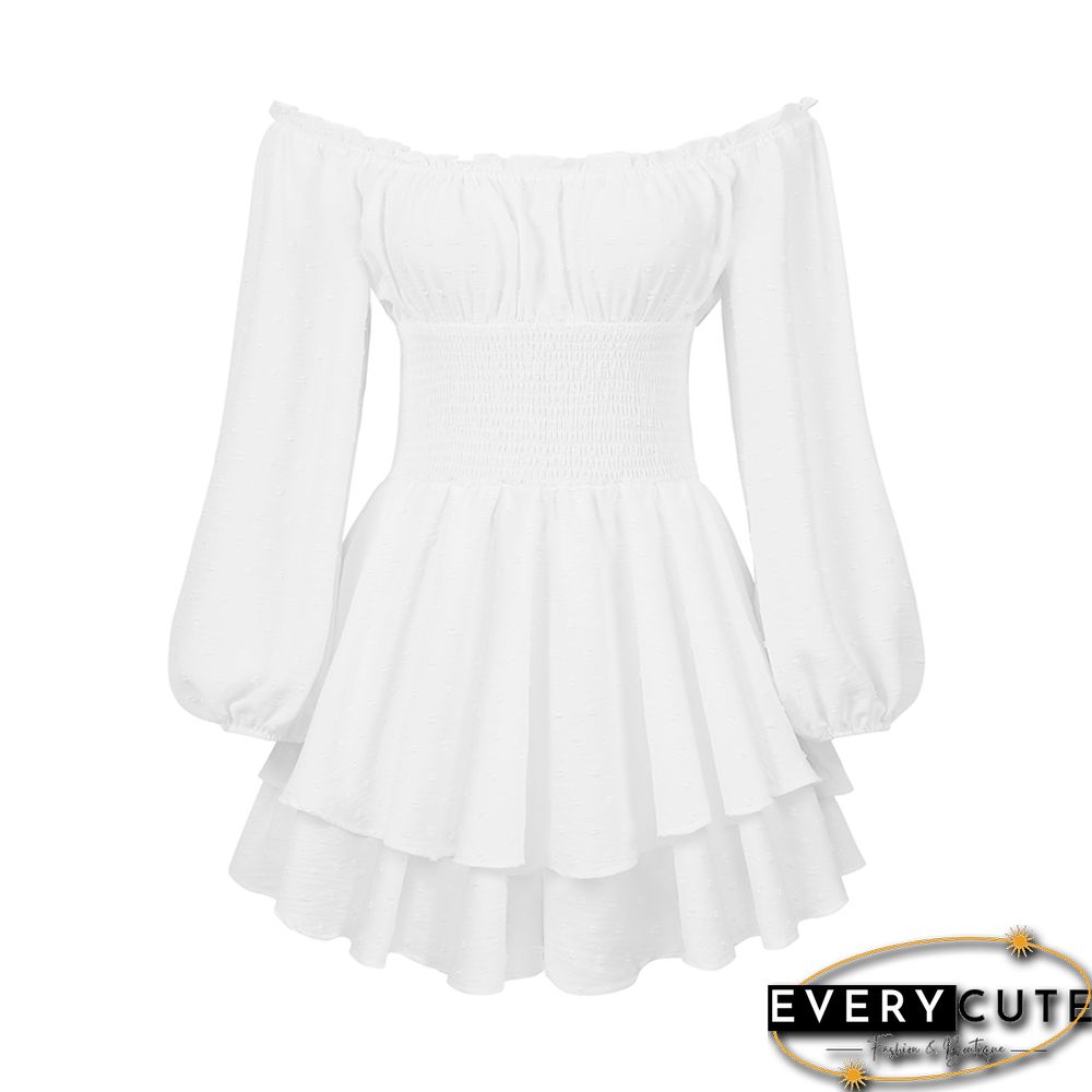 White Off Shoulder Pleated Ruffled Long Sleeve Romper