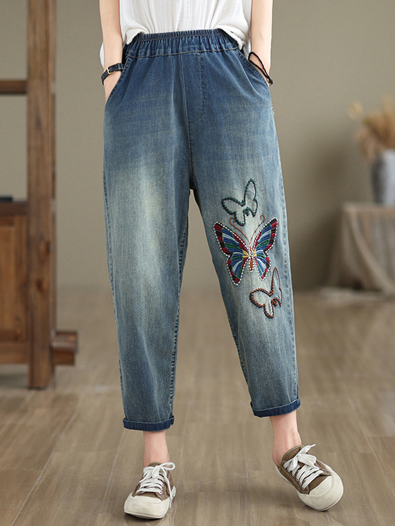 Colorful Butterfly Embroidery And Rhinestone Embellishment Loose Denim Harem Pants