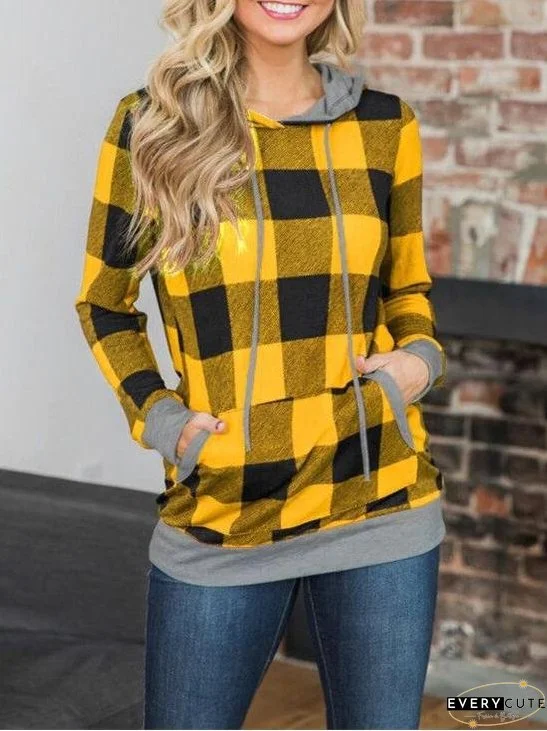 Hoodies Check Printed Pocket Long Sleeve Hoodie for Women