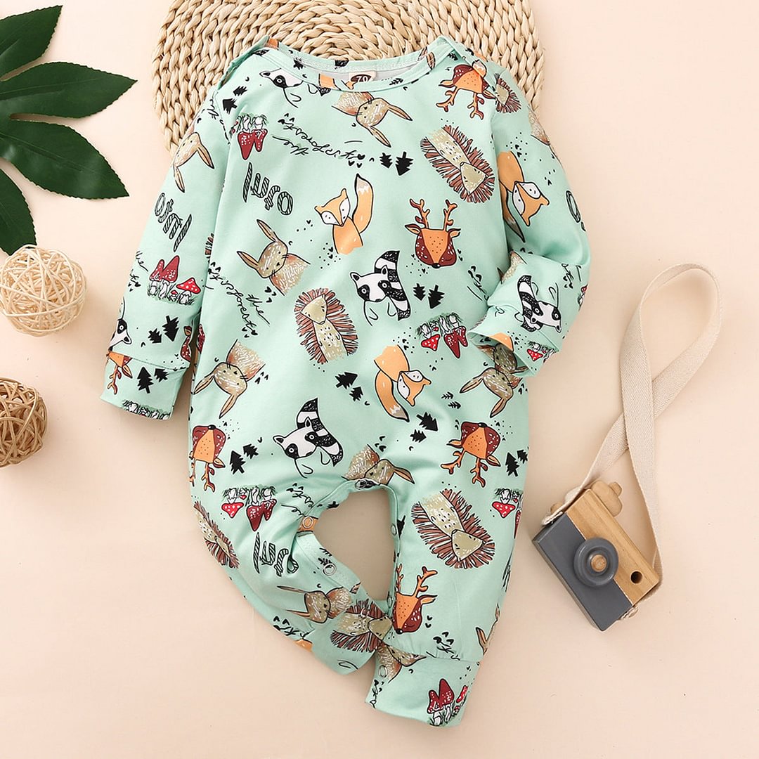 Cute Full Cartoon Plant And Animal Printed Long Sleeve Baby Jumpsuit