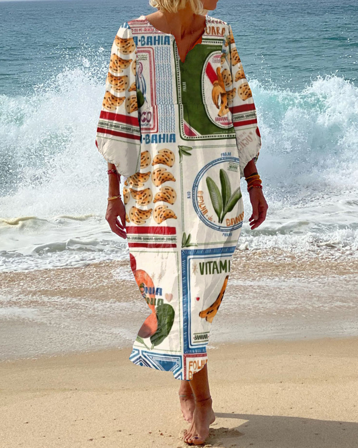 Vacation Tropical Fruit Art Print V-Neck Loose Dress