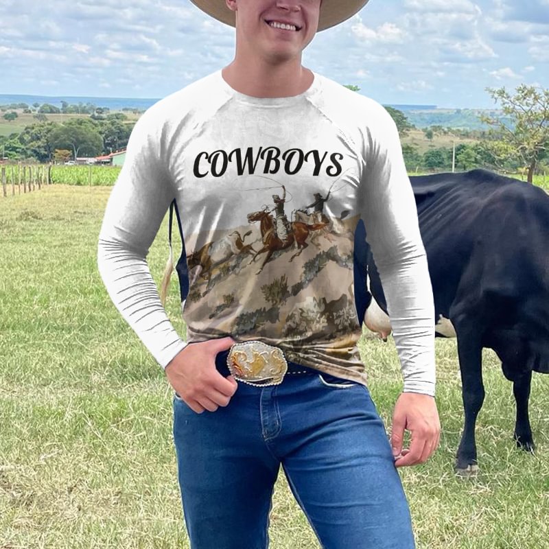 Western Cow Boy Print Long Sleeve T-Shirt