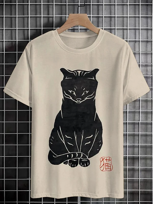 <💯Cotton> Men's Japanese Lino Art Painting Black Cat Print Cotton Casual T-Shirt