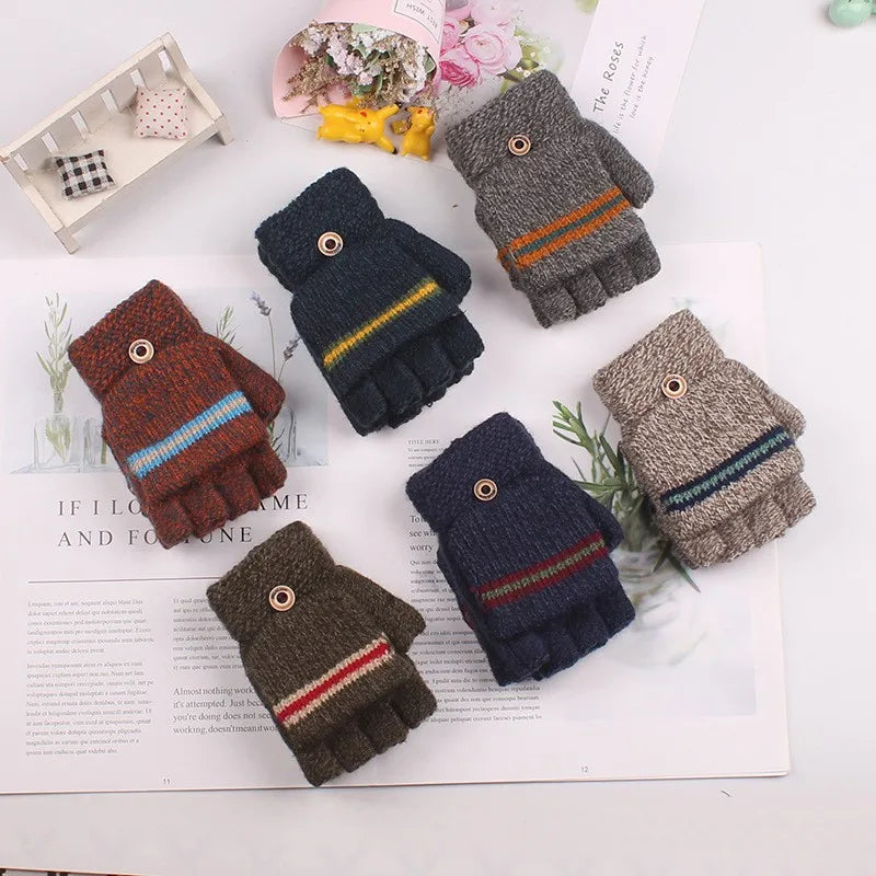 Winter Outdoor Children's Gloves Half Finger Flip Dual-use Warm Gloves Children's AB Yarn Jacquard For Students To Write