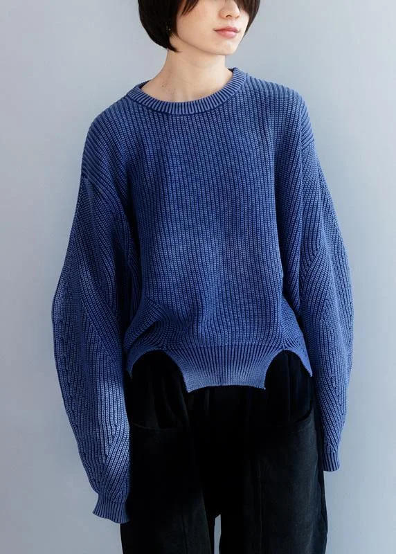 Oversized blue knit blouse open hem Loose fitting knit tops