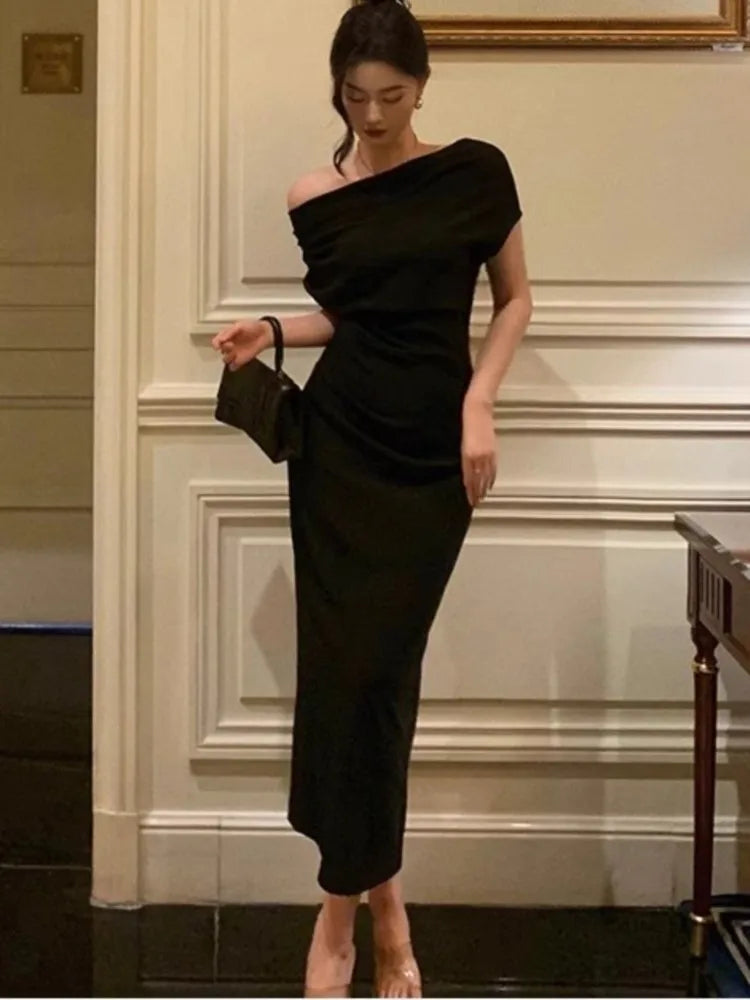 Aiertu DRESS TO IMPRESS Solid Bodycon Evening Party Dresses for Women Fashion Off Shoulder Prom Vestidos Summer Korean Robe Female Clothing aiertu