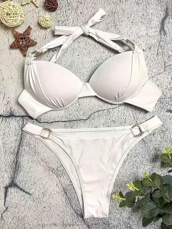 Solid Color Adornment Split Bikini Swimsuit