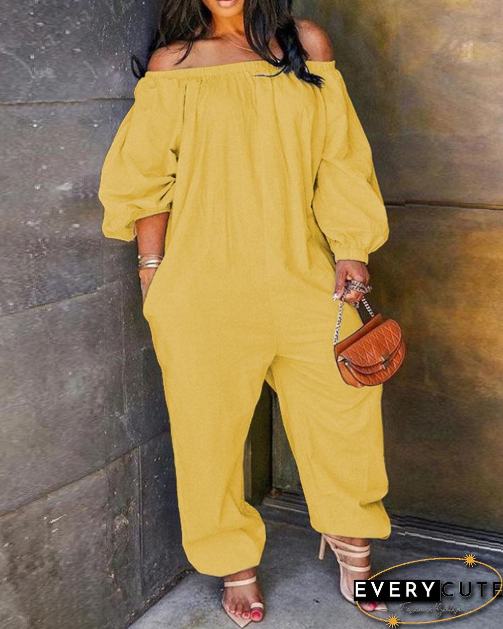 Off Shoulder Solid Lantern Sleeve Jumpsuit