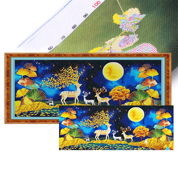 Elk And Ginkgo Leaves Under The Moon (120*50cm) 11CT Stamped Cross Stitch gbfke