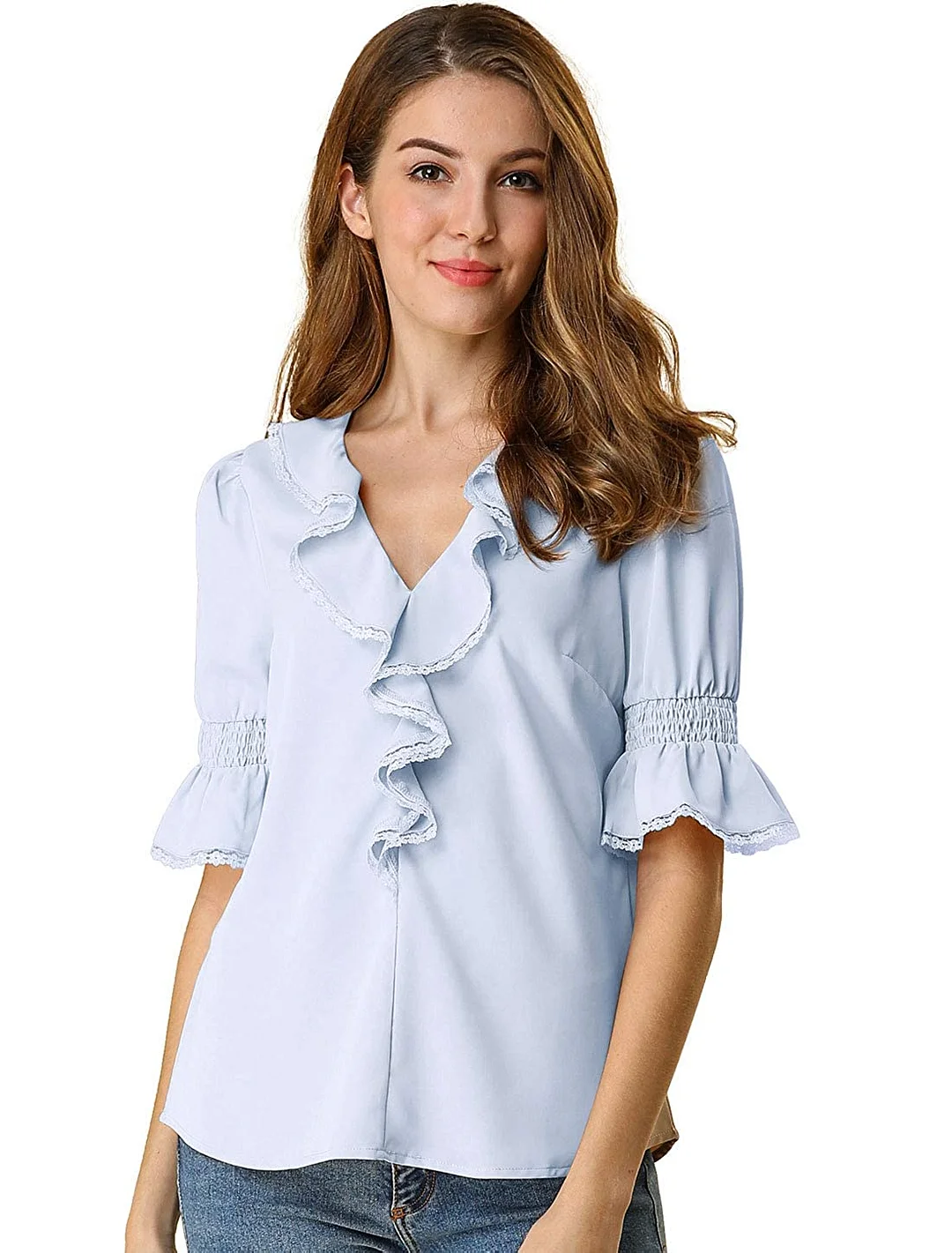 Women's Ruffle V Neck Half Bell Sleeve Blouse Summer Vintage Casual Chiffon Peasant Top