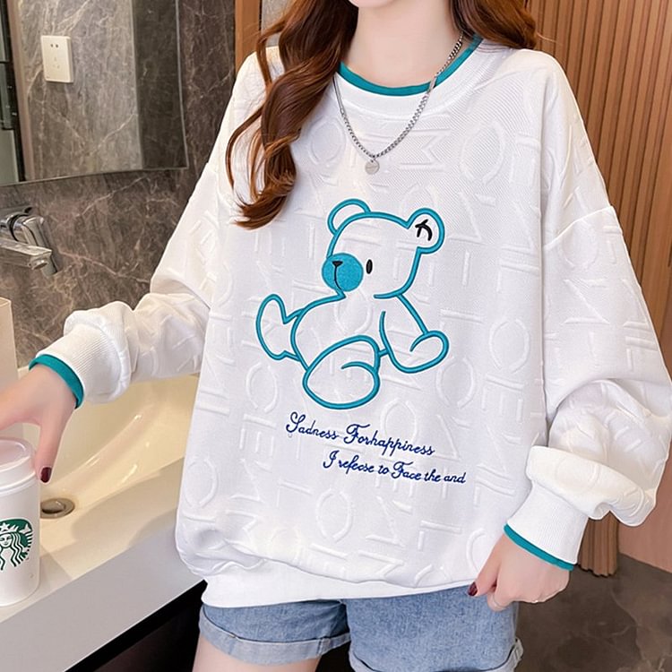 White Embroidered Long Sleeve Shift Cartoon Sweatshirt QueenFunky