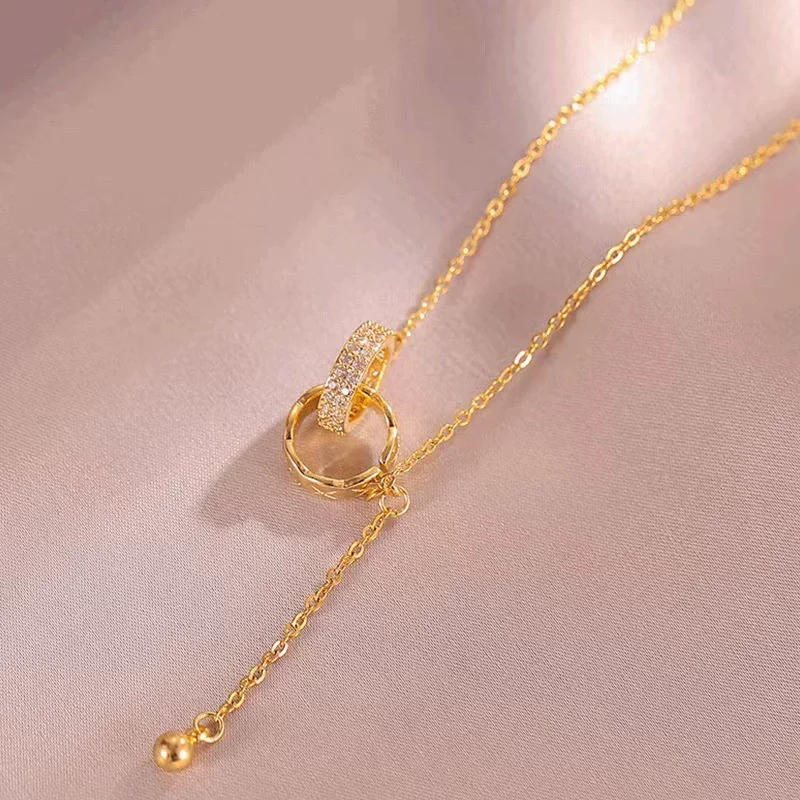Double circle pendant Cubic zircon gold plated necklace