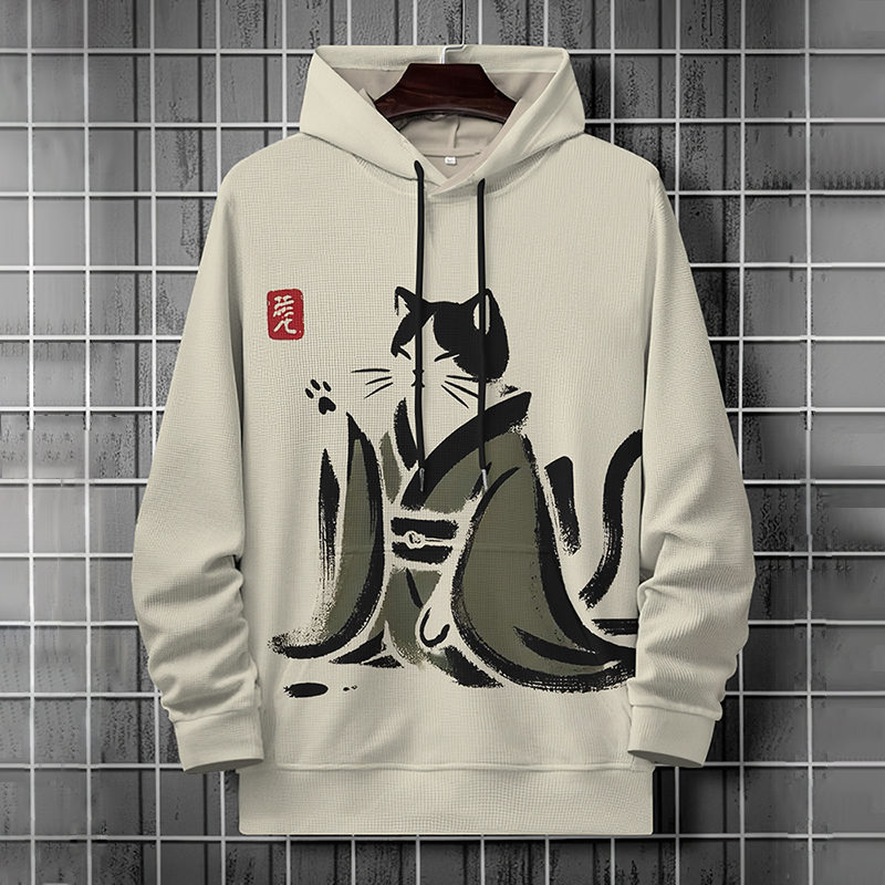Men's Retro Japanese Black Cat Art Art Pattern Hoodie