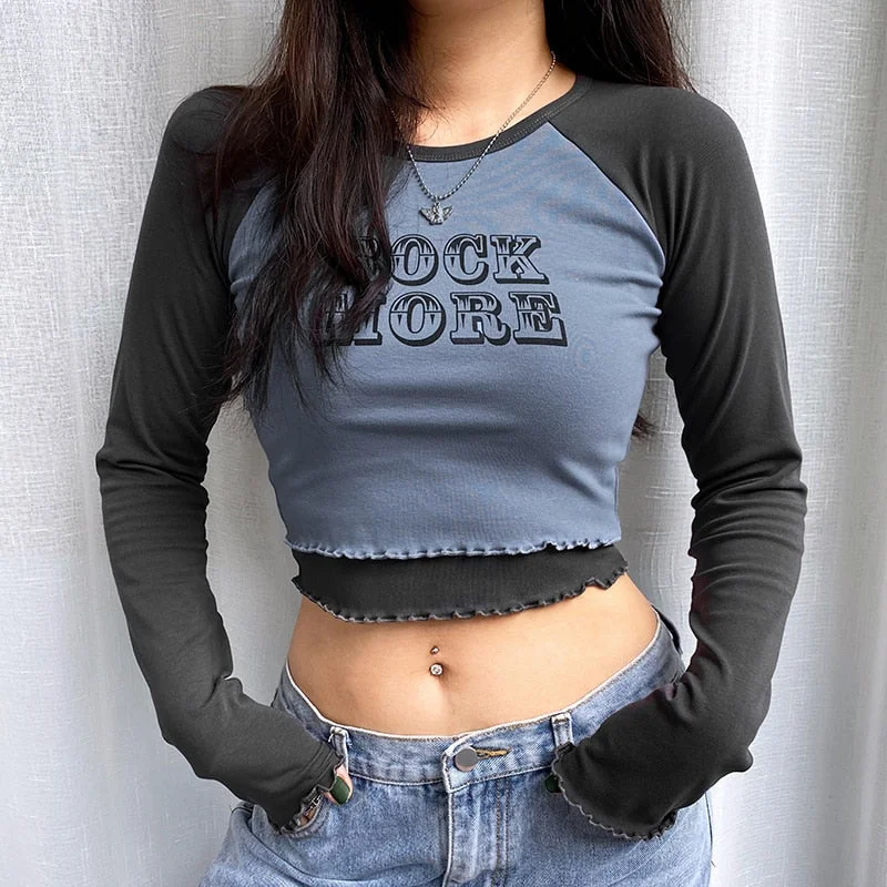 HEYounGIRL Fake 2 Pieces Letter Print Cotton Tshirt Women Autumn Casual Crop Top T Shirt Ladies Fashion Basic T-shirt Winter