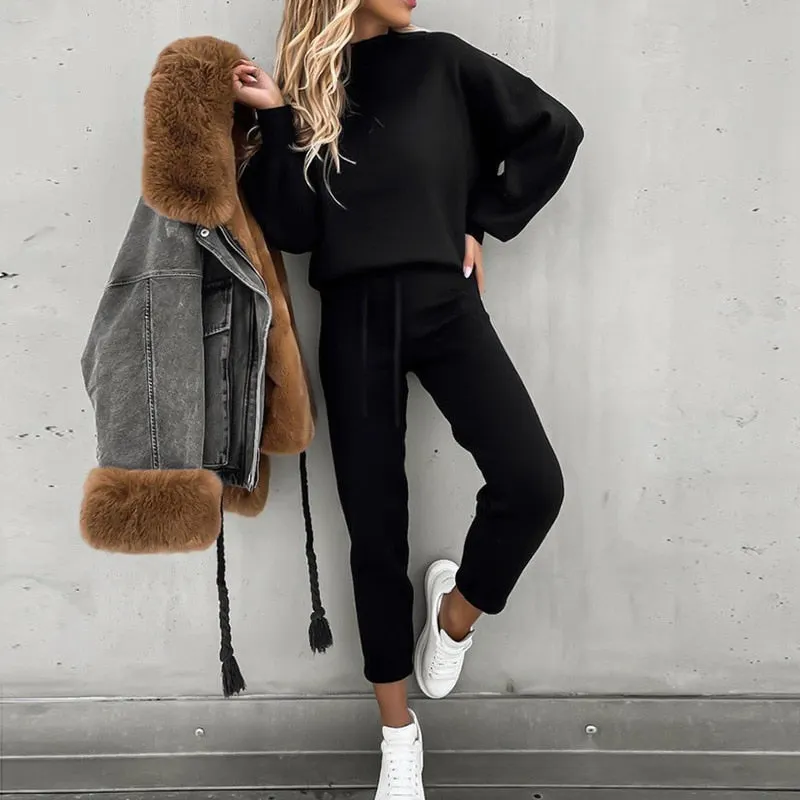 2021 autumn and winter women's sweater suit new high-neck casual solid color trousers pocket two-piece suit