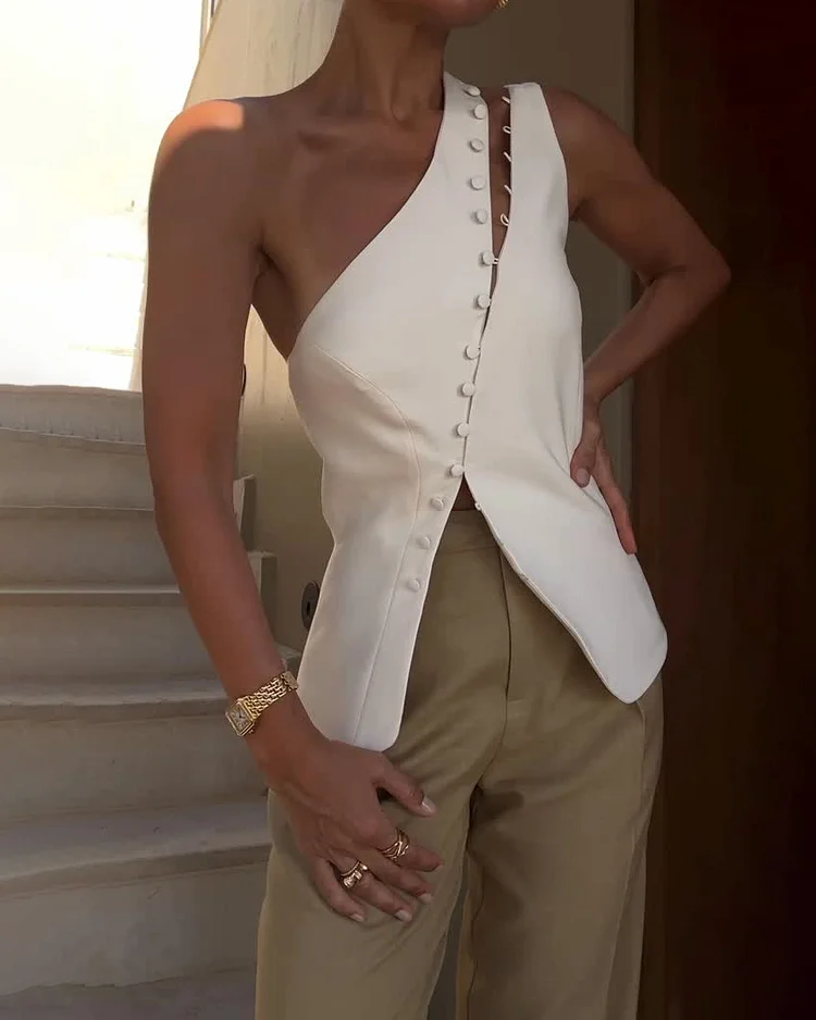 Button-down Suspender Top and Pants Two-piece Suit