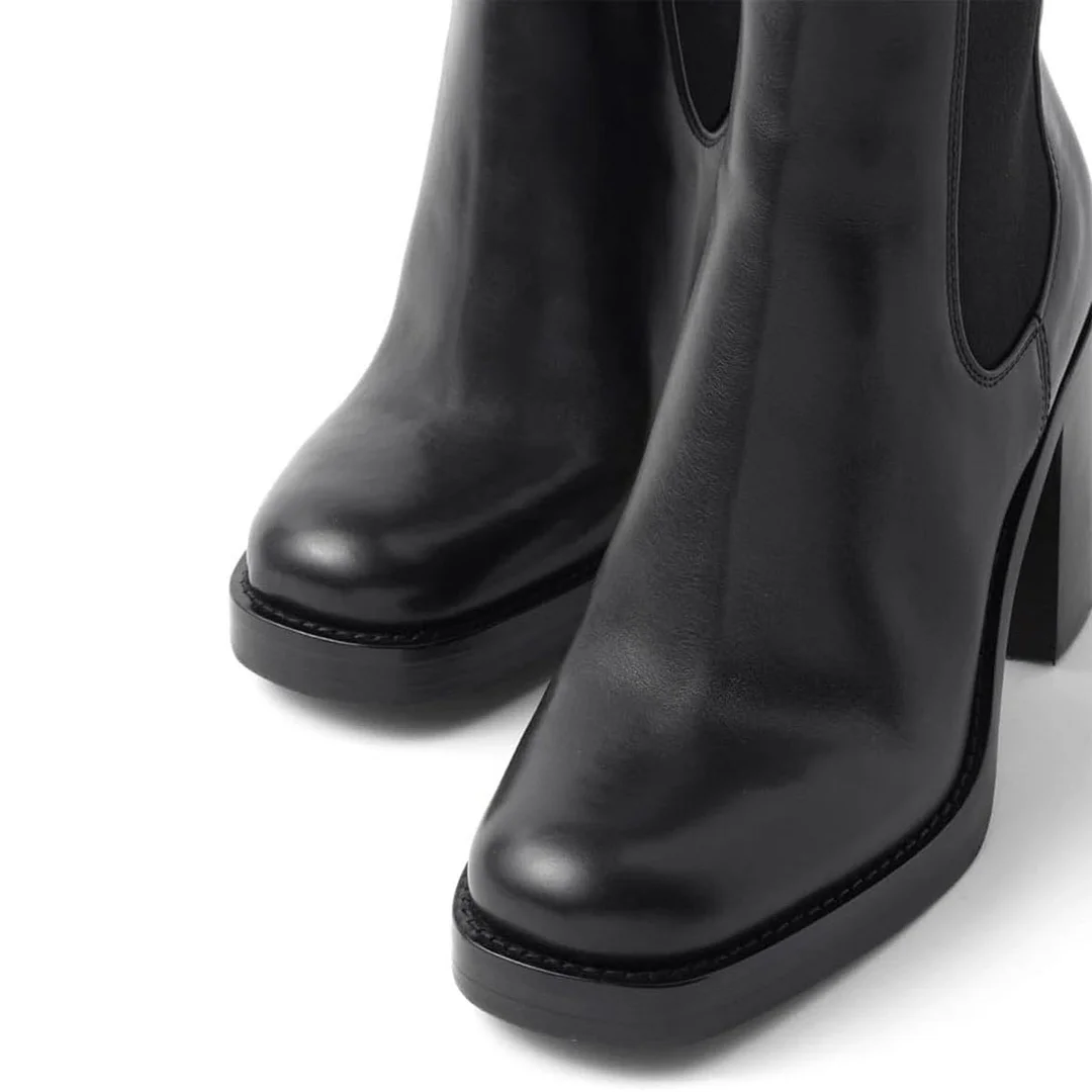 Black Vegan Leather Chunky Heel Pull-On Chelsea Ankle Boots for Women