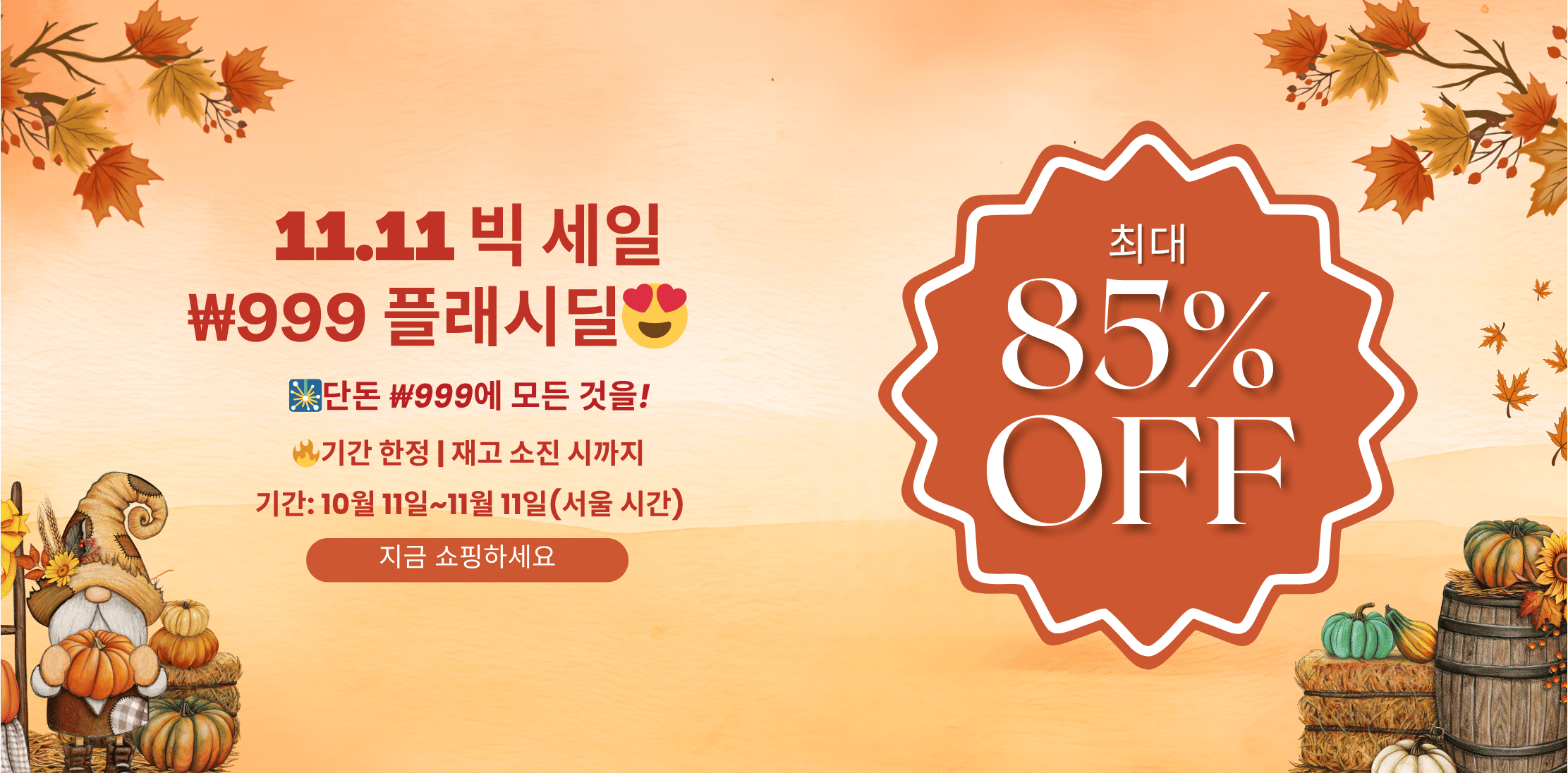 ⚡11.11 플래시 세일🔥: 단  ₩999 (10월 11일 &ndash; 11월 11일)🎉