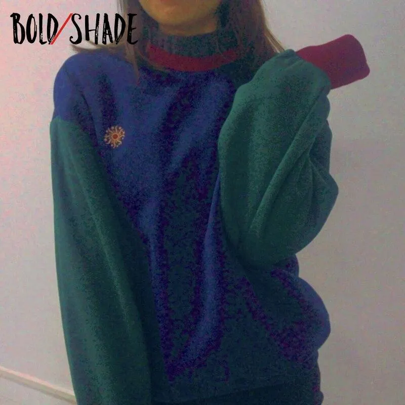 Bold Shade Indie Women Goblincore Sweatshirt Colorblocking Print Oversized Long Sleeve Hoodies Vintage Y2K Hoodies Winter Fall