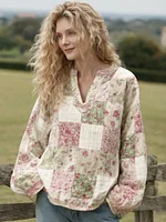 Women's Retro Floral Patchwork Pattern Linen V-neck Shirt