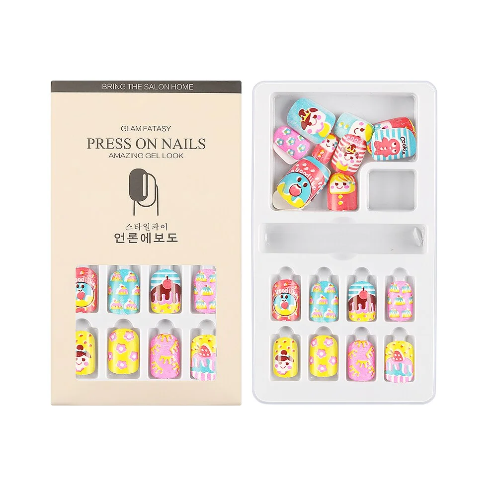 24Pcs/Set Press on Children Candy False Nail Tips Cartoon Full Cover Kid Pink Fake Nail Art for Little Girls Manicure Tool-Nail Inspo