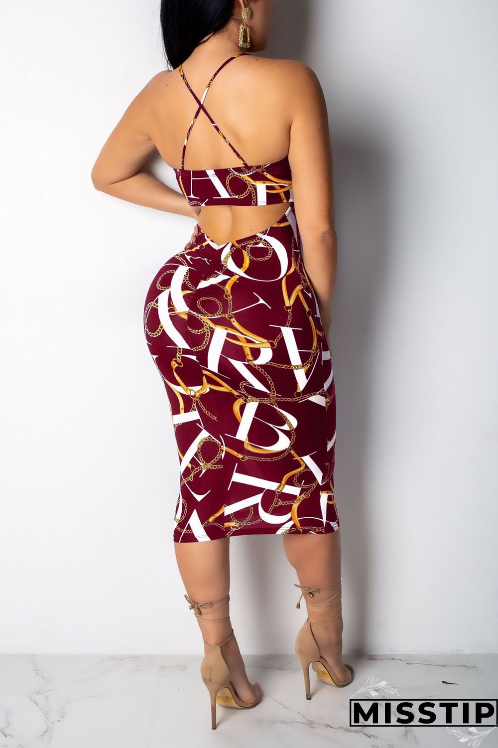 Dark Blue Chain Print Back Hollow Out Slip Dress