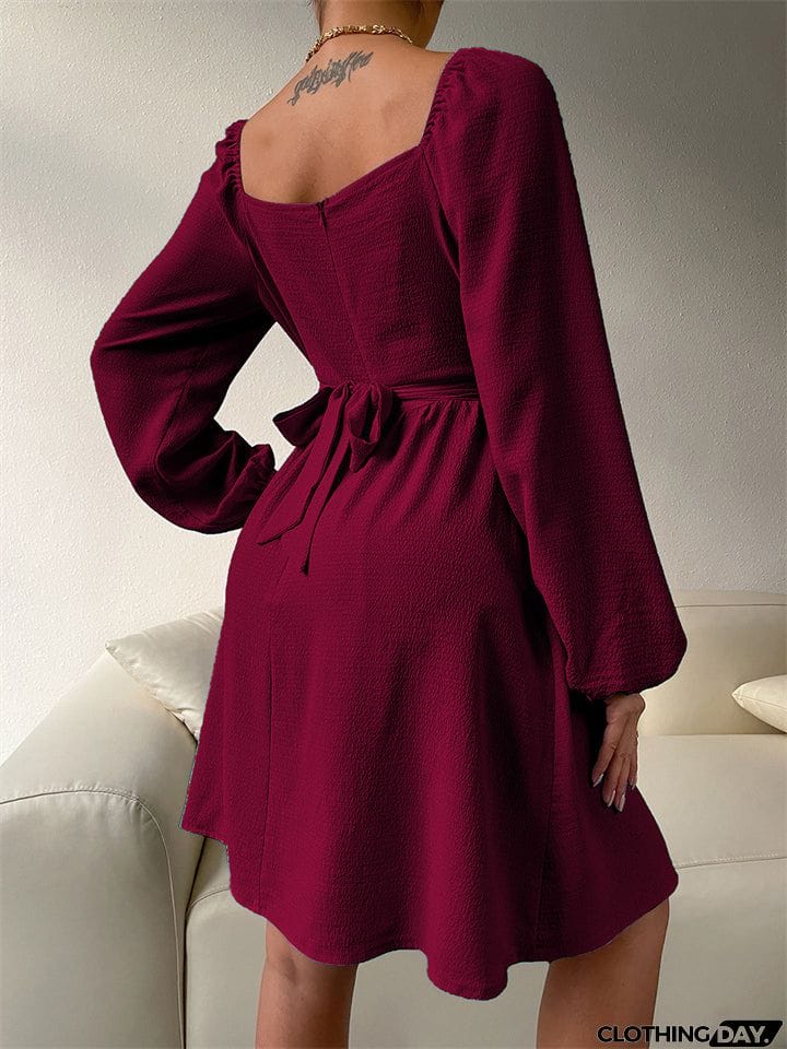 Temperament Trendy Lady Square Neck Long Sleeve High-waisted A-line Dress