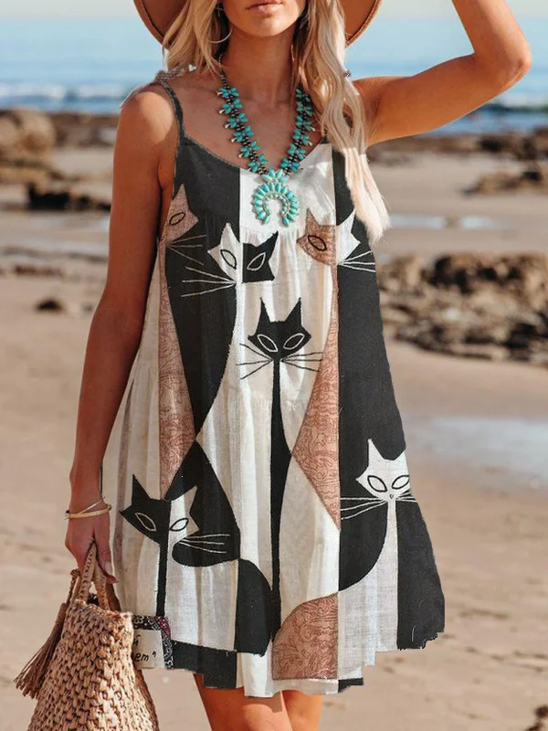 Abstract Cat Art Series Printed Suspender Pleated Dress