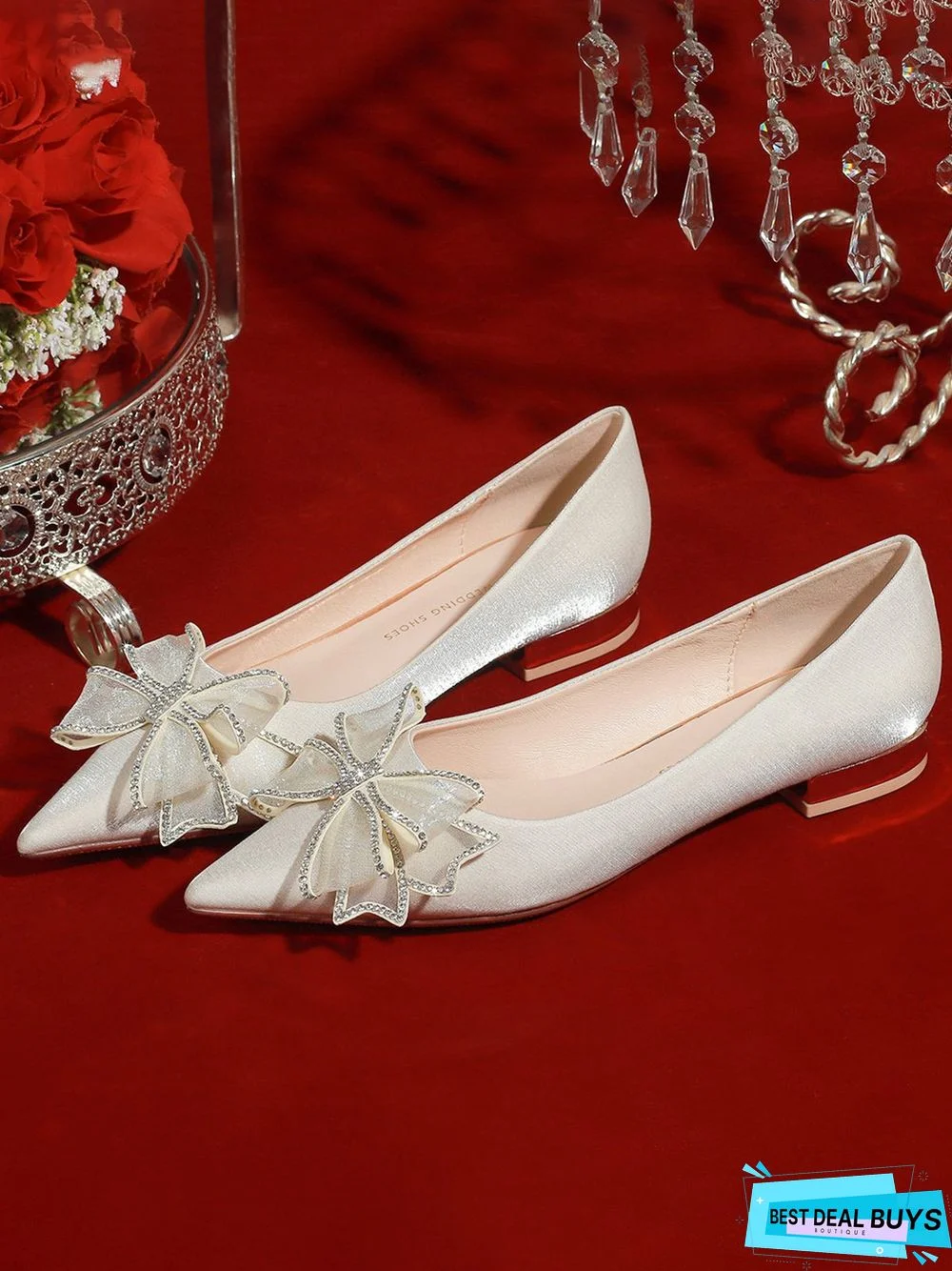 White Silk Surface Rhinestone Mesh Bow Bridal Shoes